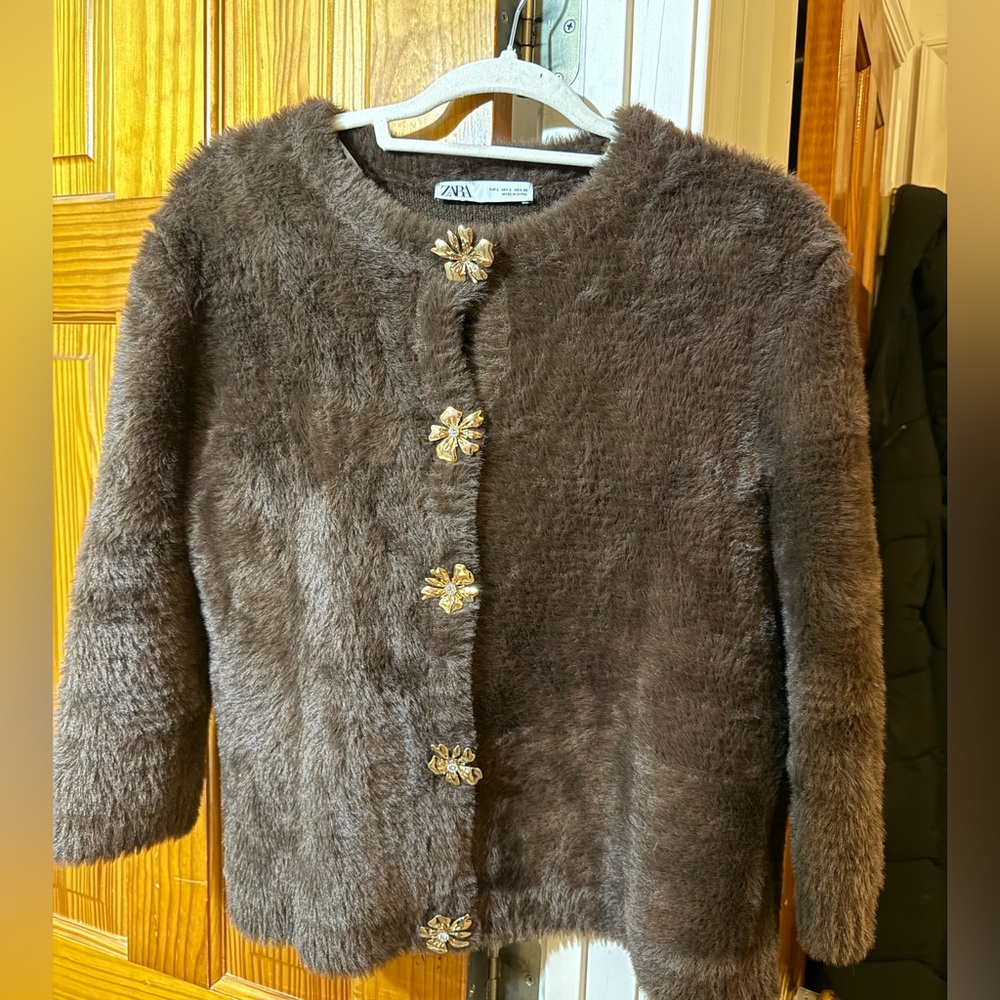 Zara Brown Faux Fur Jacket with Gold Floral Buttons